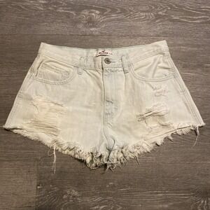 HOLLISTER LIGHT BLUE DAISY‎ DUKE 5 POCKET DISTRESSED SHORTS SIZE 7 W28